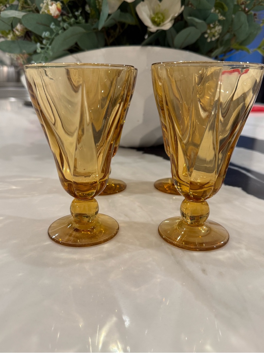 Set of 4 Vintage Amber Pressed Glass Goblets | Mid-Century Drinkware